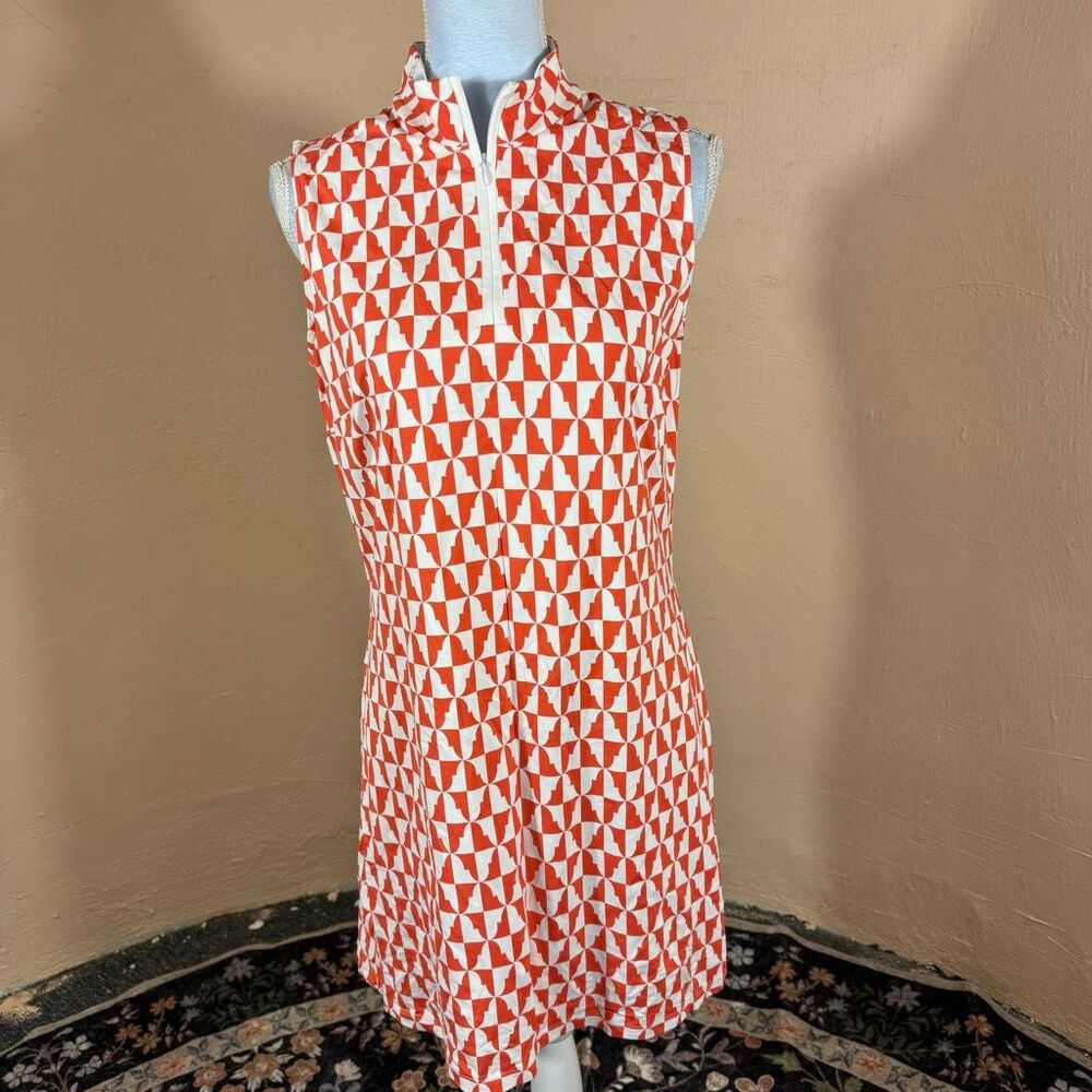 J. McLaughlin Orange & White Geometric Print Sleeveless Dress – Mock Neck Half-Z - Picture 1 of 7